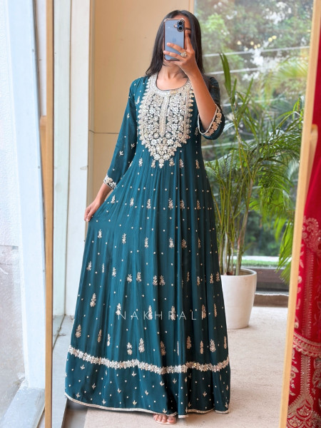Reem Teal Blue Anarkali Suit Set With Zari Sequin Yoke Work