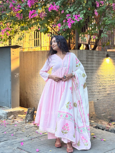 Gulistan Pink Cotton Anarkali Suit Set with Floral Dupatta