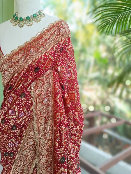 Nayan-noor Maroon Bandhani Saree with Zari Weave