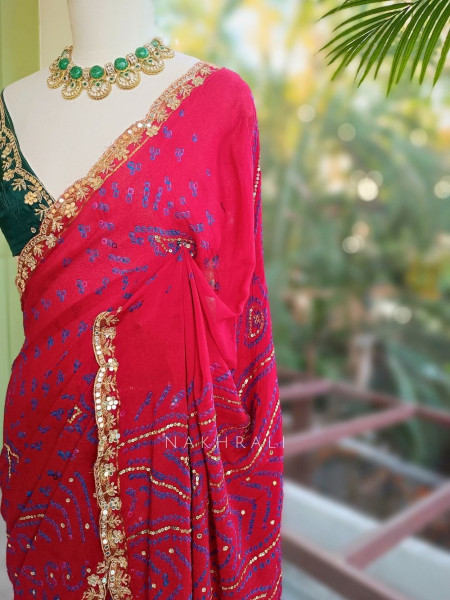 Mehrang Maroon Bandhani Saree with Gota Border