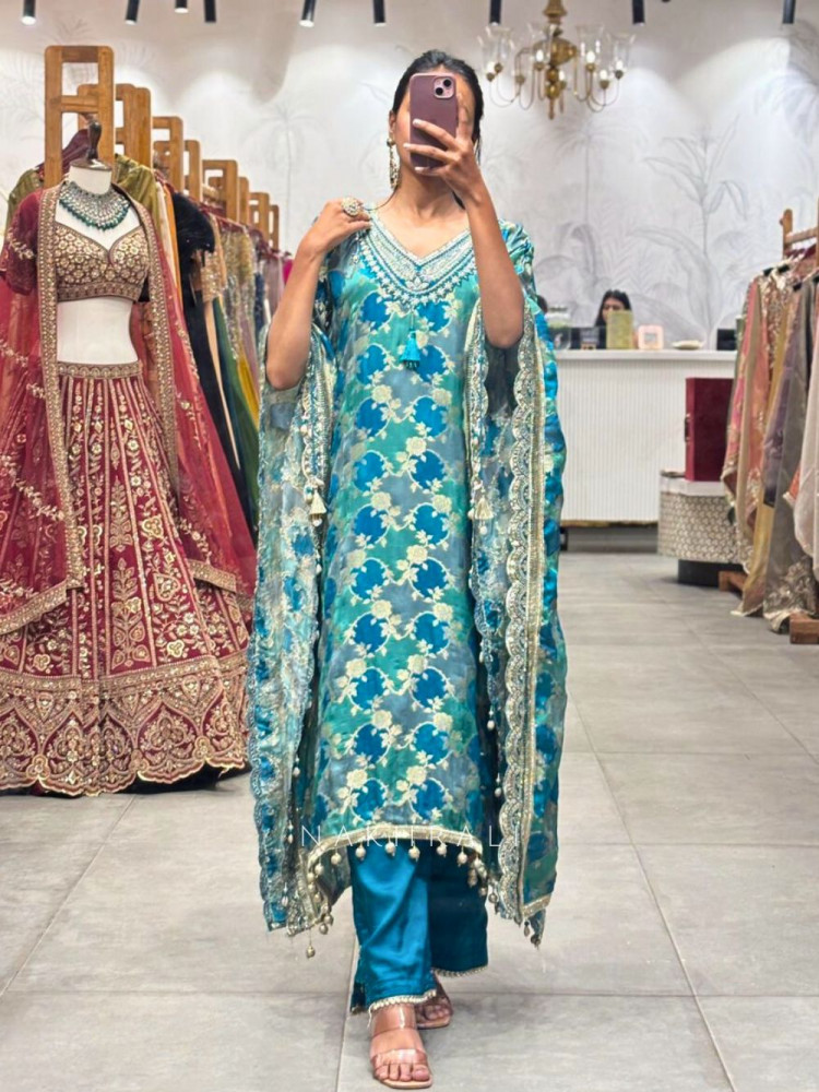Image of Ocean Aura Blue Kaftan Palazzo Set with Embroidery