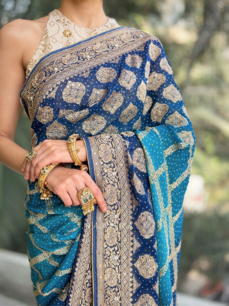 Neel Tara Blue Bandhej Silk Saree with Zari Stone Border