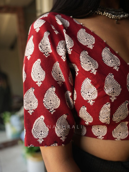 Chhapayi Red Cotton Printed Blouse with Traditional Motifs