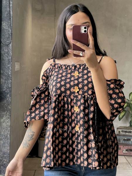 Chic Cascade Black Color Printed Short Top with Ruffle Sleeves
