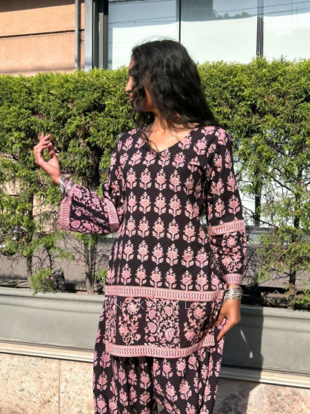 Elvar Black Cotton Block Print Kurti with Farsi Salwar Set