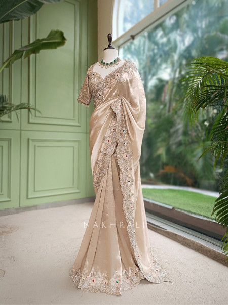 Saanvika Beige Organza Satin & Silk Satin Saree with Readymade Blouse