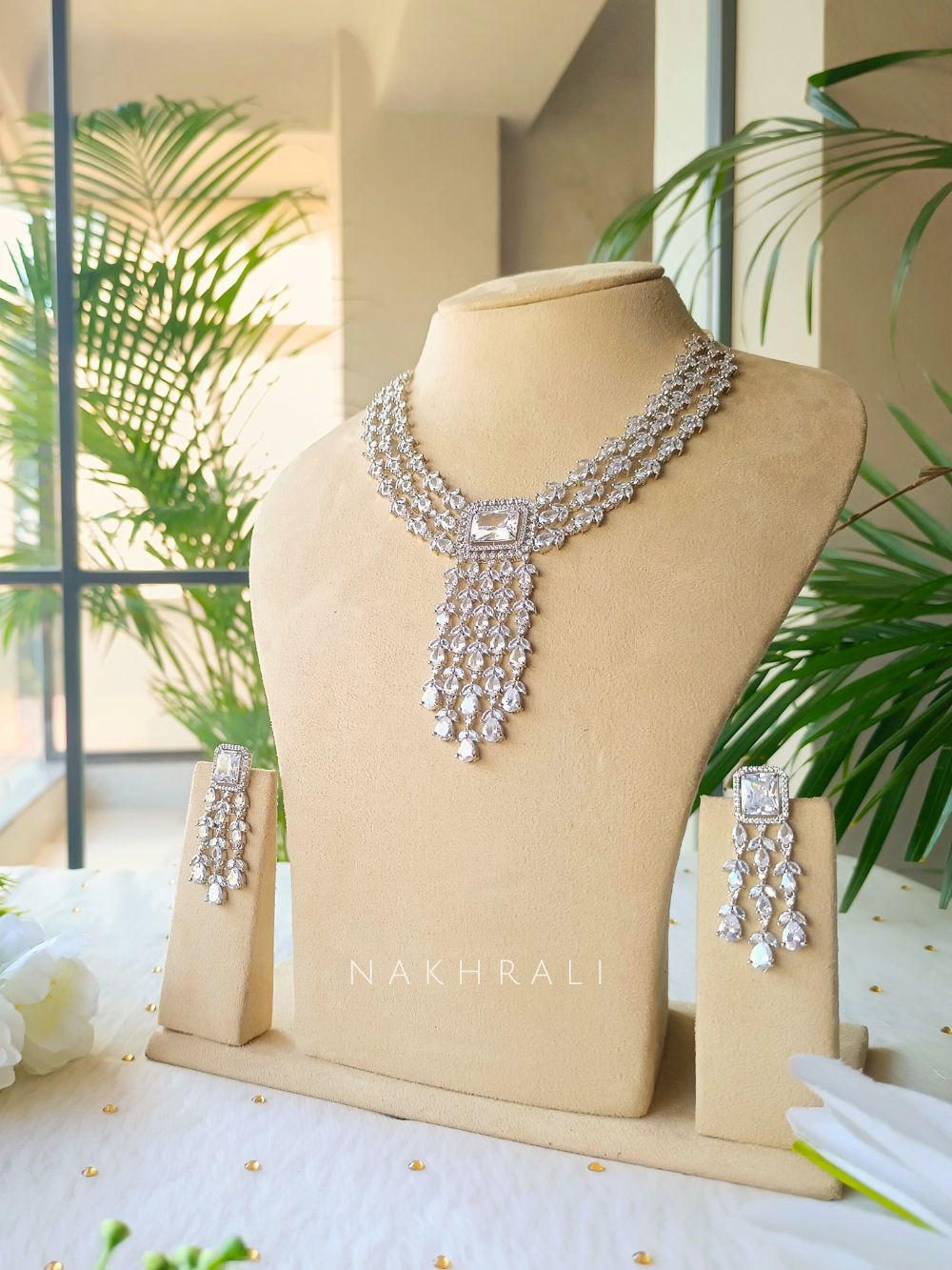 White Crystal Waterfall Necklace Set - Main Image