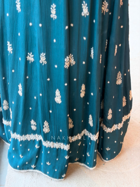 Reem Teal Blue Anarkali Suit Set With Zari Sequin Yoke Work