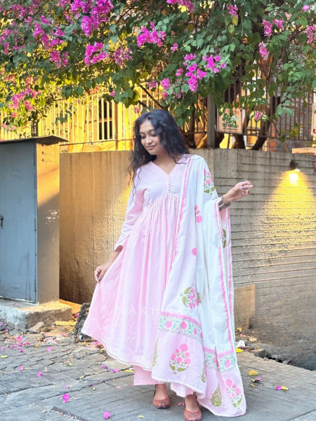 Gulistan Pink Cotton Anarkali Suit Set with Floral Dupatta