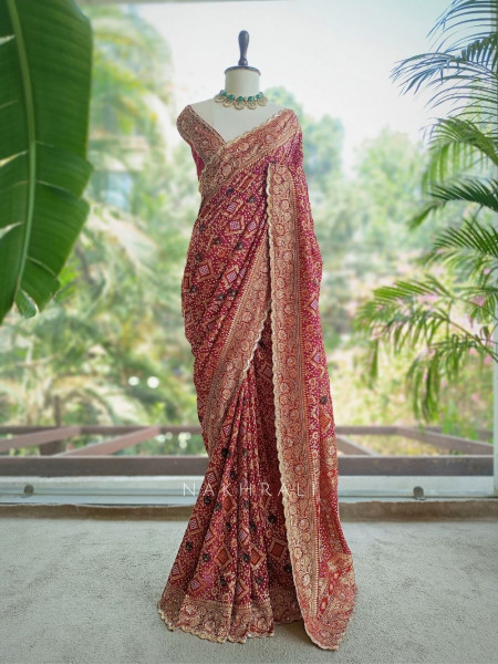 Nayan-noor Maroon Bandhani Saree with Zari Weave