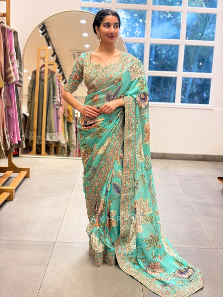 Neelvanika Firozi Floral Saree with Sequin Mirror Embroidery
