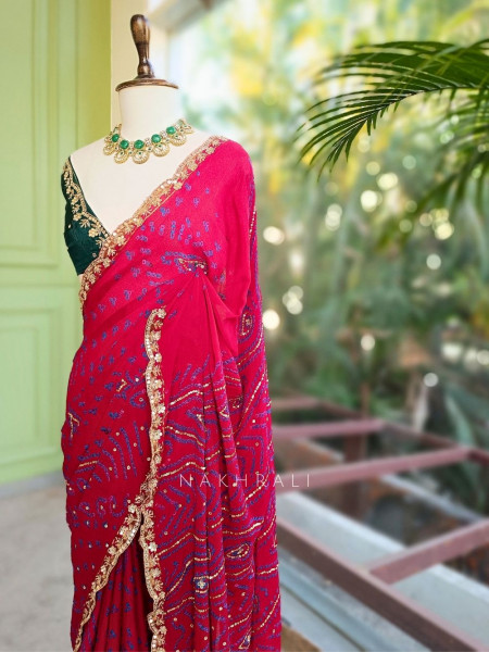 Mehrang Maroon Bandhani Saree with Gota Border