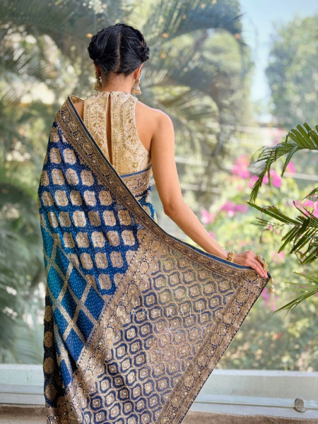 Neel Tara Blue Bandhej Silk Saree with Zari Stone Border