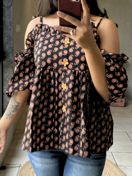 Chic Cascade Black Color Printed Short Top with Ruffle Sleeves