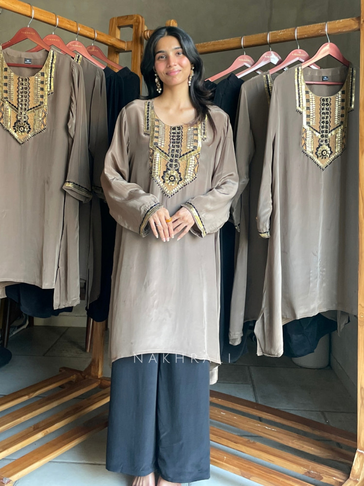 Image of Dhritika Grey Modal Satin  Kurta Pant Set With Cutdana &amp; Bead Work