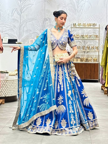 Noor-e-Gul Blue Bridal Lehenga with Zari & Sequin Work