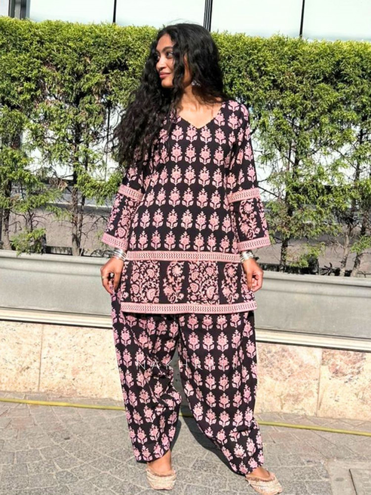 Image of Elvar Black Cotton Block Print Kurti with Farsi Salwar Set