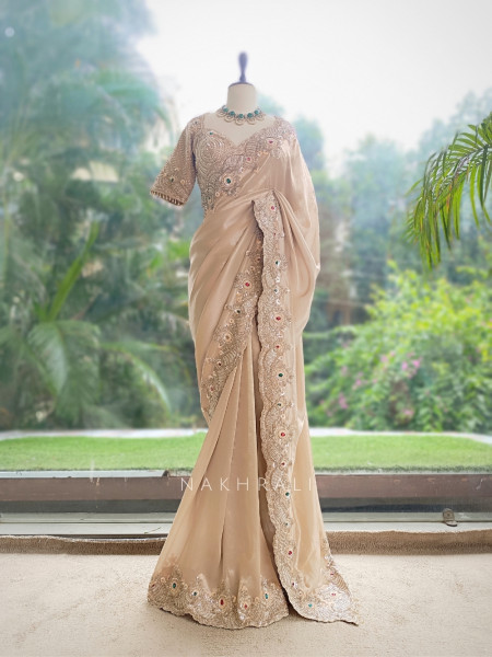 Saanvika Beige Organza Satin & Silk Satin Saree with Readymade Blouse