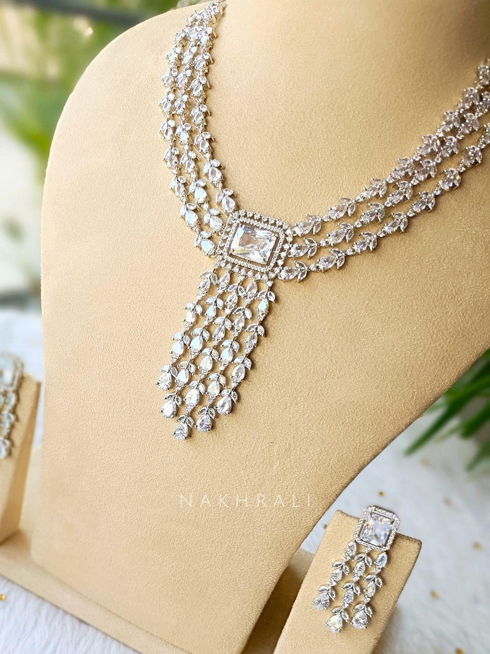 White Crystal Waterfall Necklace Set - Main Image