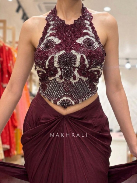 Kalyra Halter Mraoon Indo-Western Set