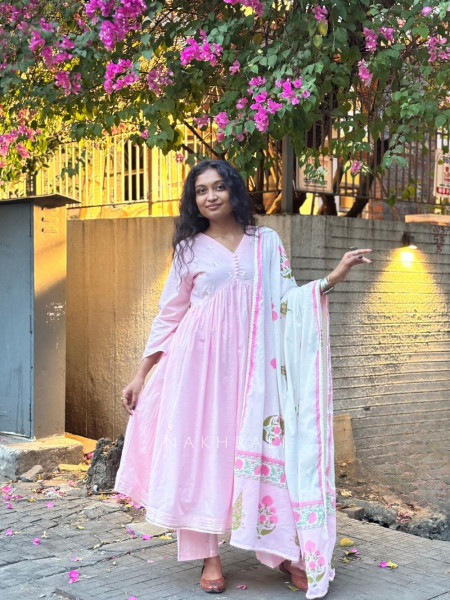Gulistan Pink Cotton Anarkali Suit Set with Floral Dupatta