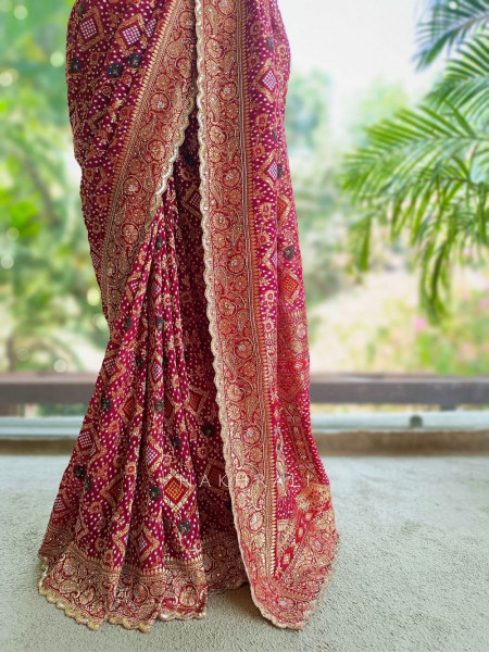 Nayan-noor Maroon Bandhani Saree with Zari Weave