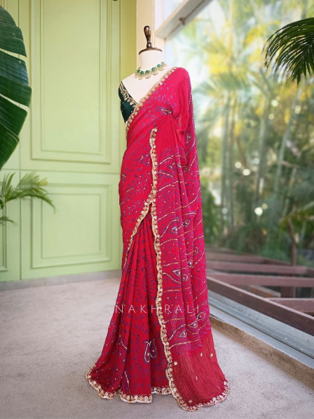 Mehrang Maroon Bandhani Saree with Gota Border