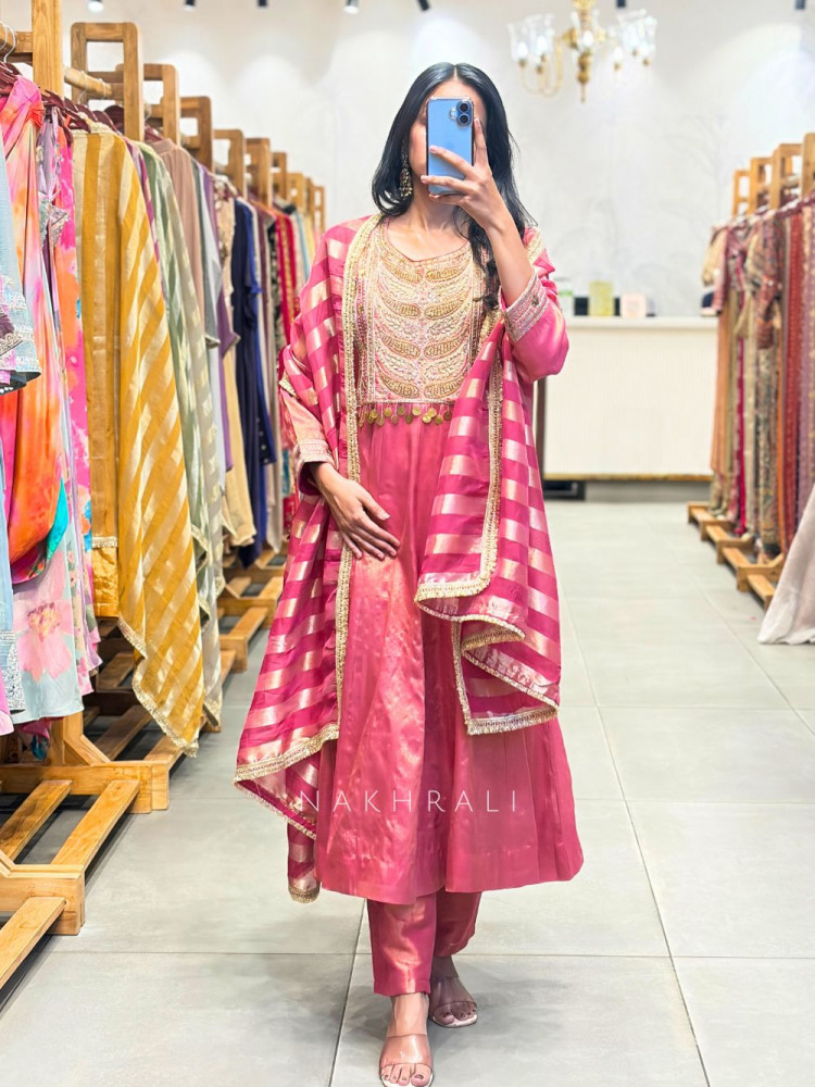 Image of Nakkashi Pink Suit Set with Embroidery Sequin Work
