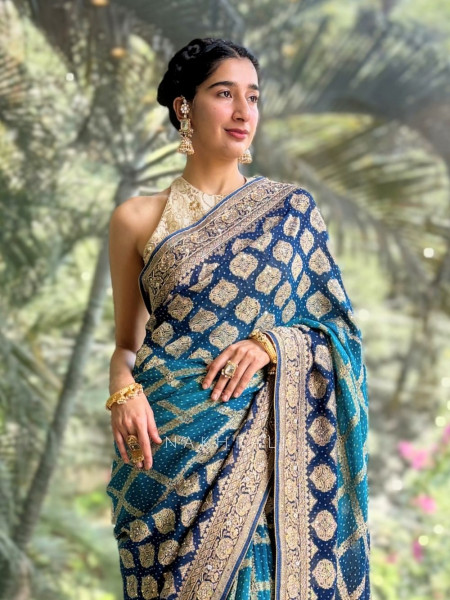 Neel Tara Blue Bandhej Silk Saree with Zari Stone Border