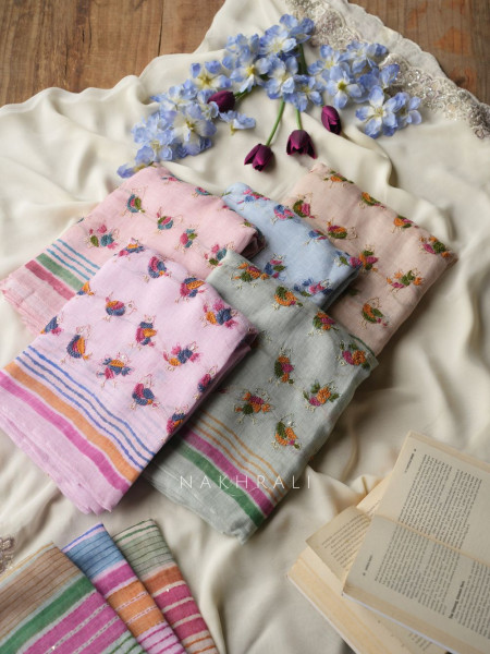 Panchi Pink Twill Blend Dress Material with Bird Thread Embroidery