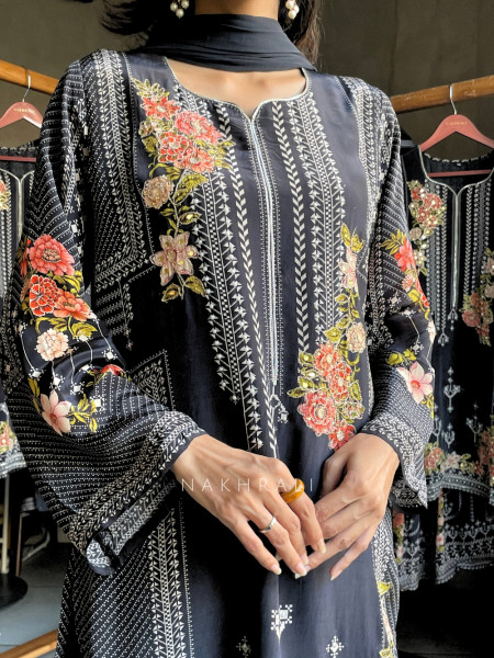 Kusum Onyx Black Muslin Crepe Silk Sharara Suit Set