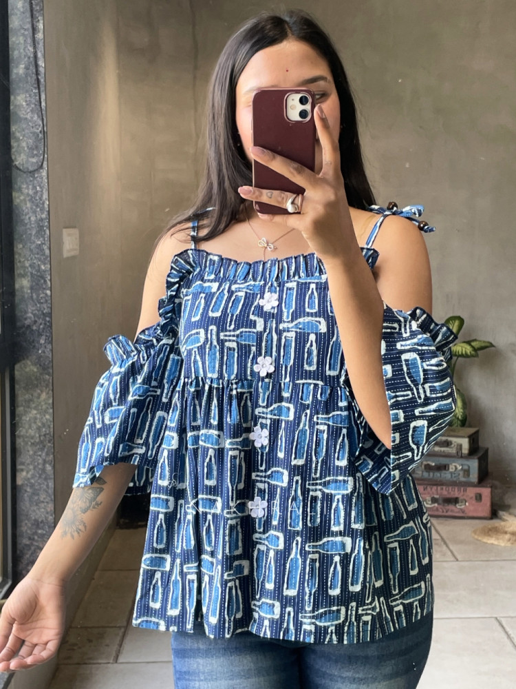 Image of Chic Cascade Blue Color Printed Short Top with Ruffle Sleeves