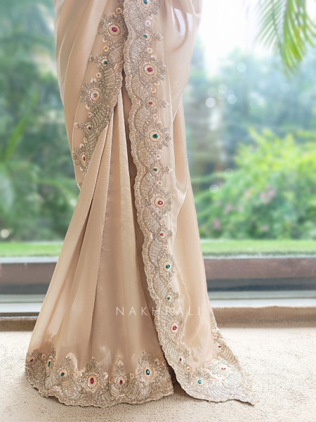 Saanvika Beige Organza Satin & Silk Satin Saree with Readymade Blouse