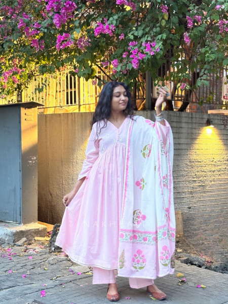 Gulistan Pink Cotton Anarkali Suit Set with Floral Dupatta