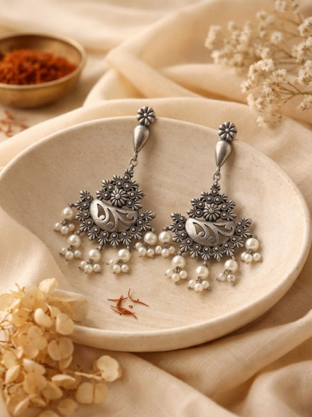 Varnika Silver Oxidised Drop Earrings