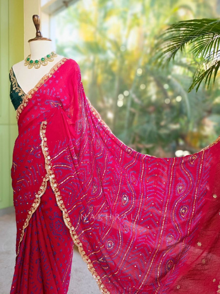 Mehrang Maroon Bandhani Saree with Gota Border