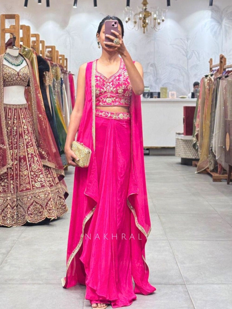 Image of Fuchsia Bloom Magenta Crop Top Skirt Set with Embroidery