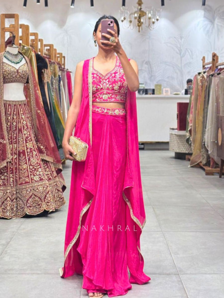 Fuchsia Bloom Magenta Crop Top Skirt Set with Embroidery