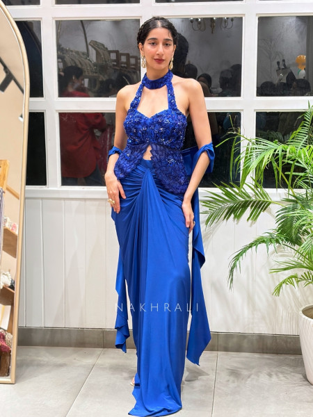 Rivya Embroidered Blue Halter Crop Top with Draped Skirt Set