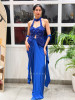 Rivya Embroidered Blue Halter Crop Top with Draped Skirt Set