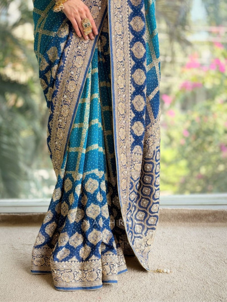 Neel Tara Blue Bandhej Silk Saree with Zari Stone Border