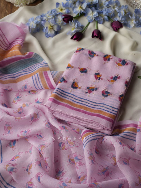 Panchi Pink Twill Blend Dress Material with Bird Thread Embroidery