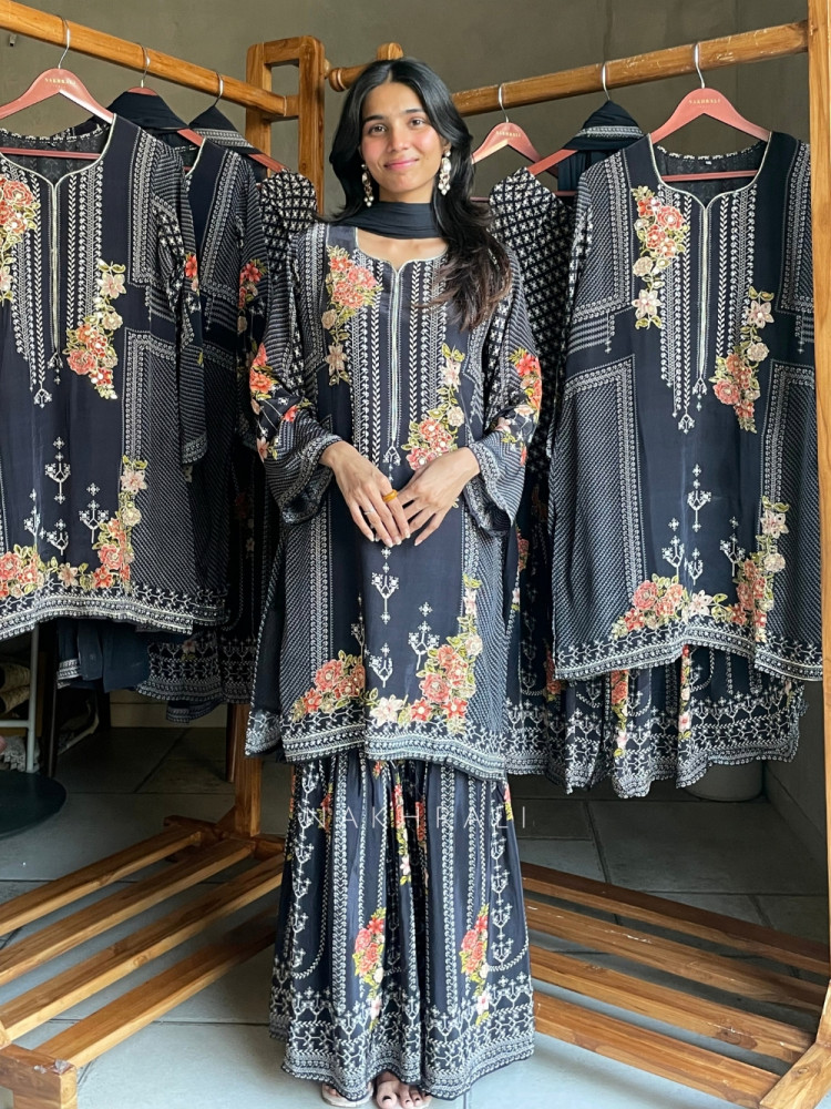Image of Kusum Onyx Black Muslin Crepe Silk Sharara Suit Set