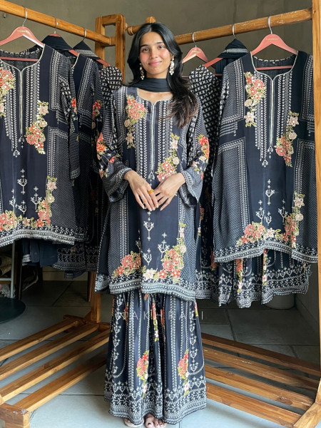 Kusum Onyx Black Muslin Crepe Silk Sharara Suit Set