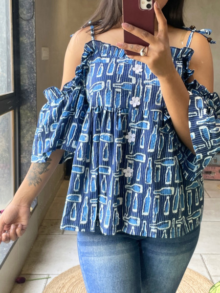 Chic Cascade Blue Color Printed Short Top with Ruffle Sleeves