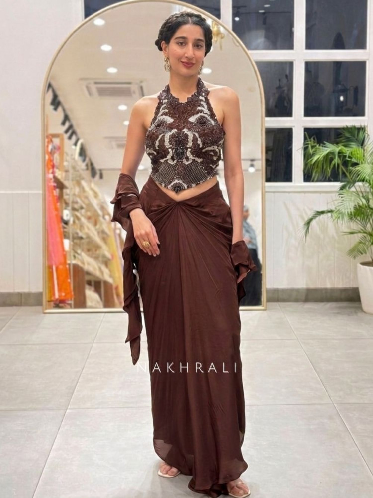 Image of Kalyra Halter Brown Indo-Western Set
