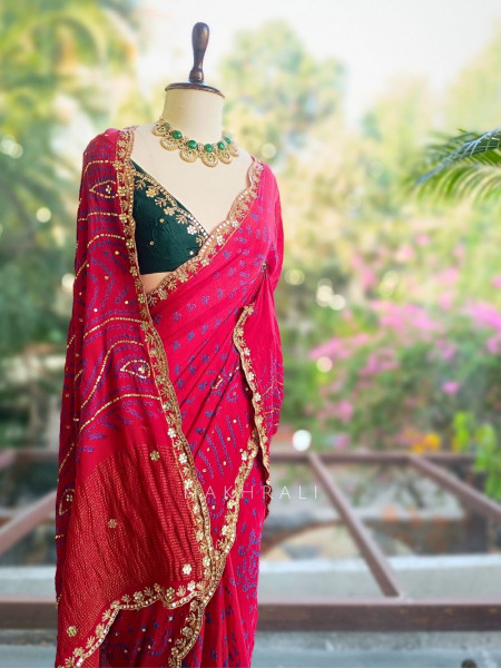 Mehrang Maroon Bandhani Saree with Gota Border