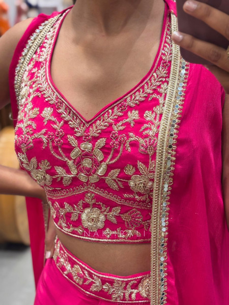 Fuchsia Bloom Magenta Crop Top Skirt Set with Embroidery