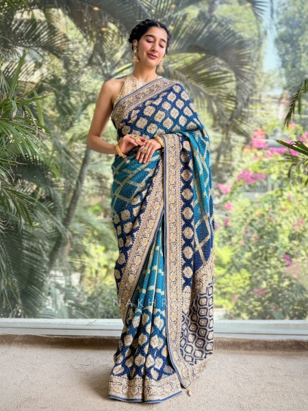 Neel Tara Blue Bandhej Silk Saree with Zari Stone Border