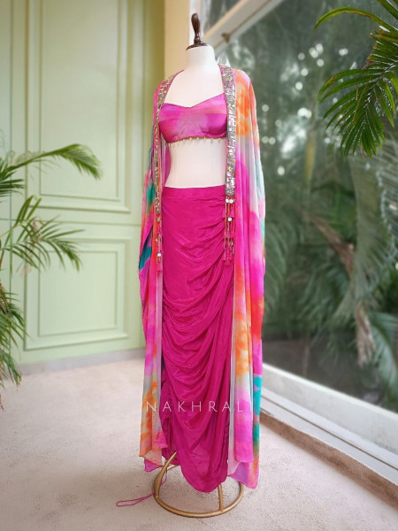 Celeste Charm Magenta Crop Top Skirt Set with Cape